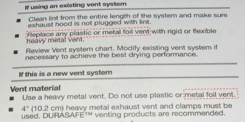 Don't use foil type vent pipe on dryers